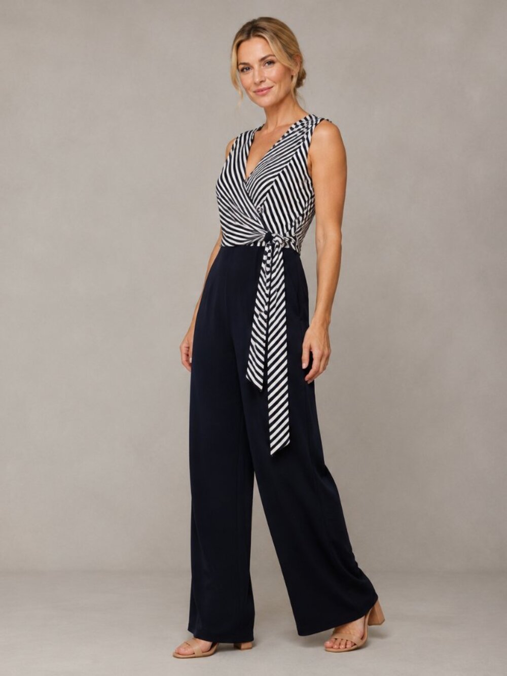 Lauren Ralph Lauren Navy Stripe Surplice Wide Leg Jumpsuit 10 Coastal Work Event